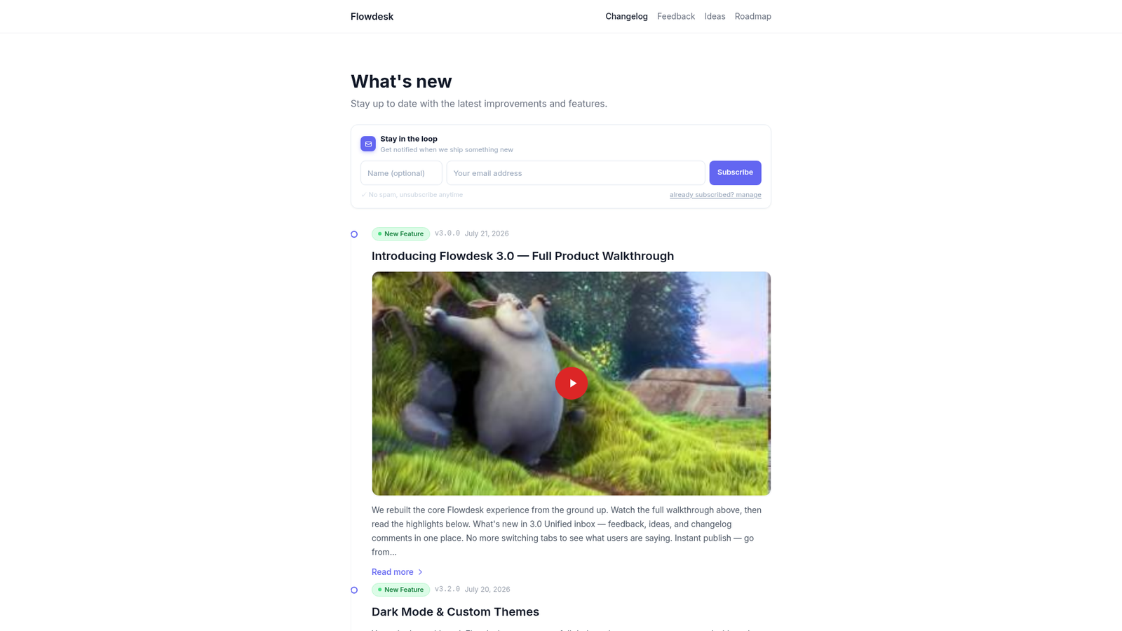 Public changelog showing shipped features from user feedback