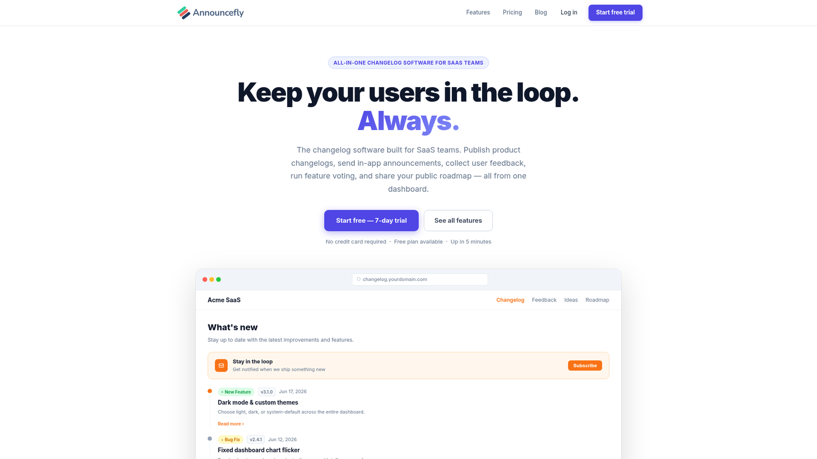 AnnounceFly — all-in-one changelog, feedback, and roadmap for SaaS