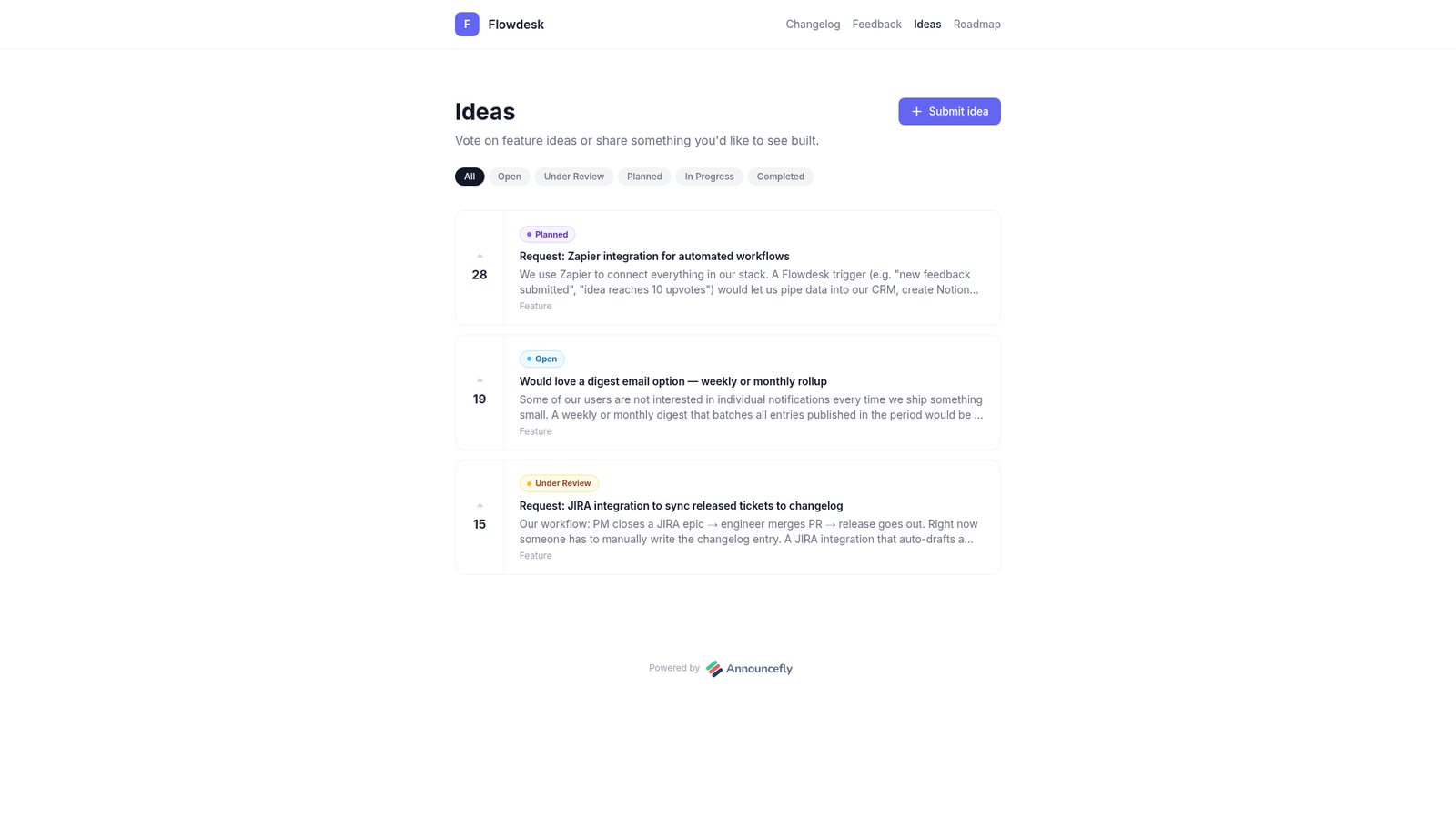 AnnounceFly ideas board with upvoting and status labels
